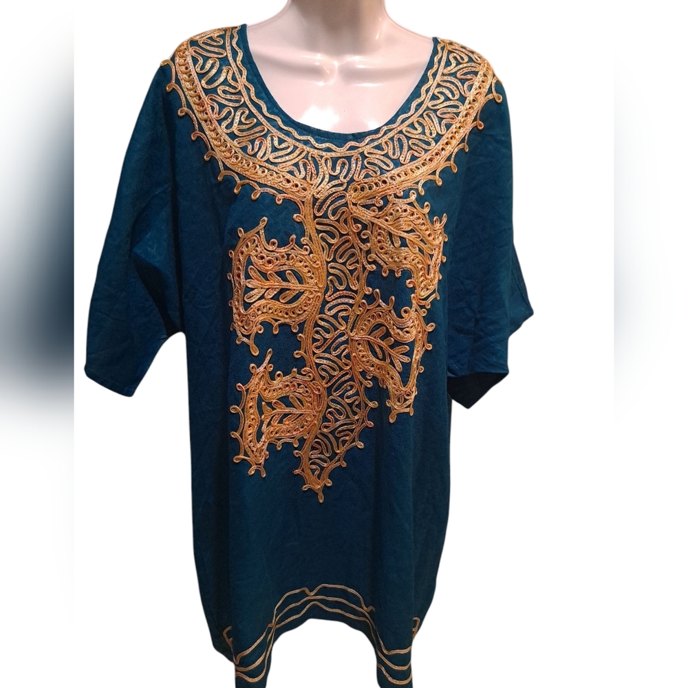 Meetu Magic The African Scene One Size Peacock Blue Coverup Dress Tunic